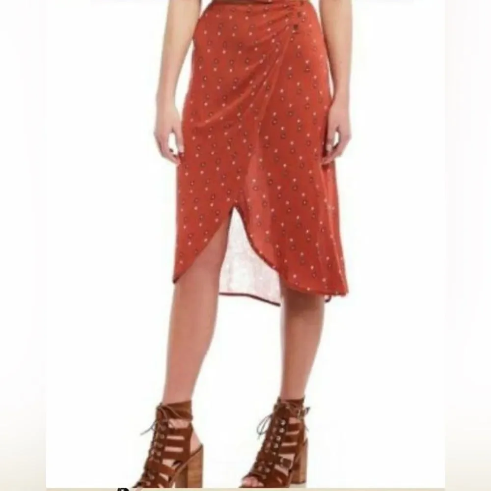 Patrons of Peace rust all over print faux wrap midi skirt size medium